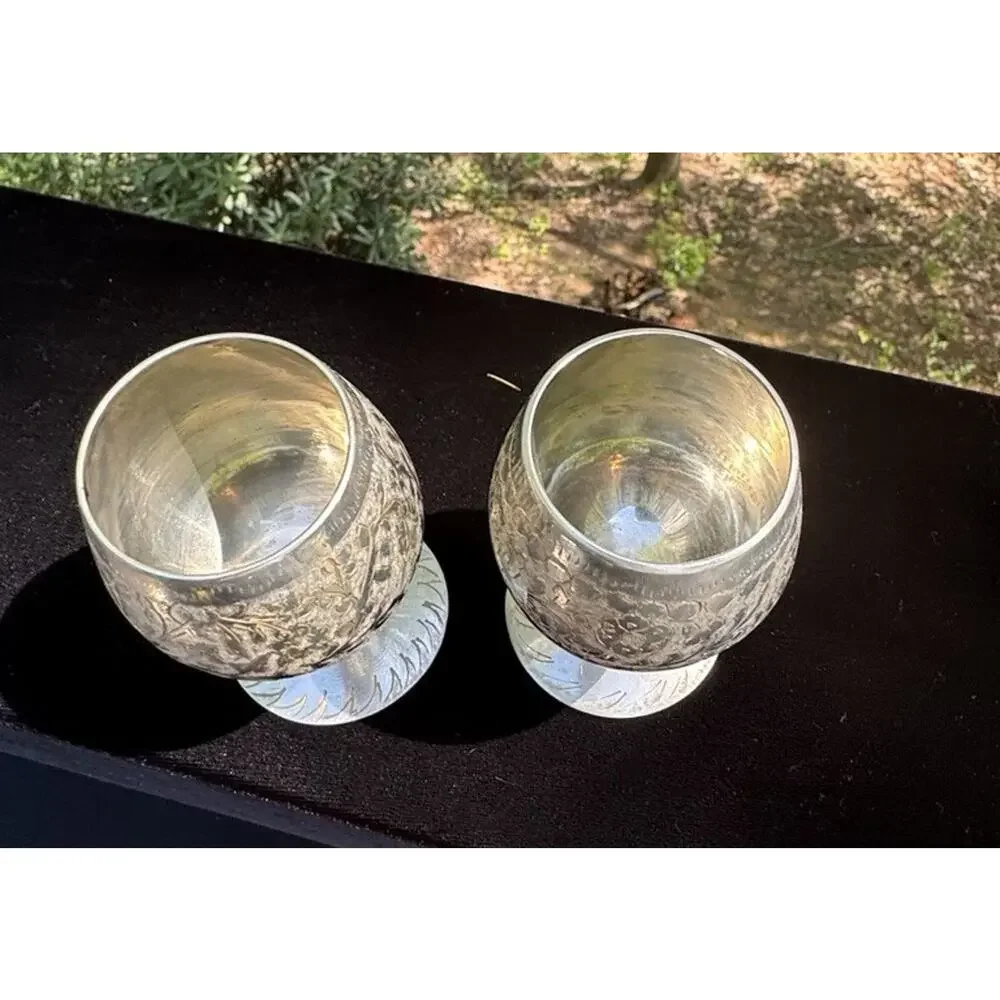 2 Etched Silver Tone Goblets Cups India Wedding Celebration EUC -A50